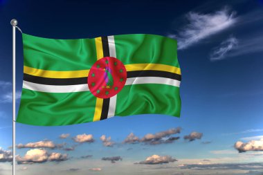 Dominica ulusal bayrağı derin mavi gökyüzüne karşı rüzgarda dalgalanıyor. Uluslararası ilişkiler kavramı.