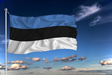 Estonya ulusal bayrağı derin mavi gökyüzüne karşı rüzgarda dalgalanıyor. Uluslararası ilişkiler kavramı.