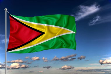 GUYANA ulusal bayrağı derin mavi gökyüzüne karşı rüzgarda dalgalanıyor. Uluslararası ilişkiler kavramı.