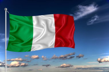 İtalya ulusal bayrağı derin mavi gökyüzüne karşı rüzgarda dalgalanıyor. Uluslararası ilişkiler kavramı.