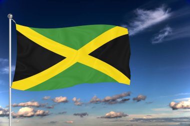 Jamaika ulusal bayrağı derin mavi gökyüzüne karşı rüzgarda dalgalanıyor. Uluslararası ilişkiler kavramı.