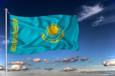 Kazakistan ulusal bayrağı derin mavi gökyüzüne karşı rüzgarda dalgalanıyor. Uluslararası ilişkiler kavramı.