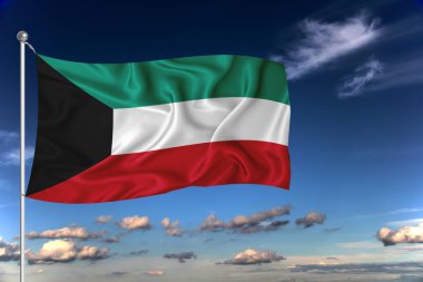 Kuveyt ulusal bayrağı derin mavi gökyüzüne karşı rüzgarda dalgalanıyor. Uluslararası ilişkiler kavramı.