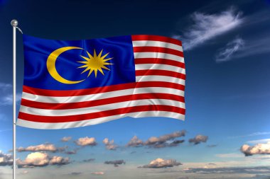 Malezya ulusal bayrağı derin mavi gökyüzüne karşı rüzgarda dalgalanıyor. Uluslararası ilişkiler kavramı.
