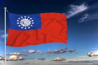 Myanmar ulusal bayrağı derin mavi gökyüzüne karşı rüzgarda dalgalanıyor. Uluslararası ilişkiler kavramı.