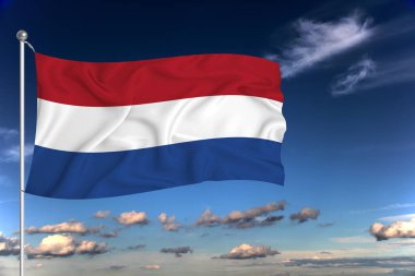 Hollanda ulusal bayrağı derin mavi gökyüzüne karşı rüzgarda dalgalanıyor. Uluslararası ilişkiler kavramı.