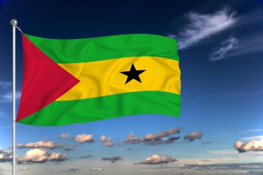 Sao Tome ulusal bayrağı derin mavi gökyüzüne karşı rüzgarda dalgalanıyor. Uluslararası ilişkiler kavramı.