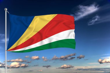 Seyşeller ulusal bayrağı derin mavi gökyüzüne karşı rüzgarda dalgalanıyor. Uluslararası ilişkiler kavramı.