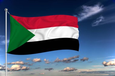 Sudan ulusal bayrağı derin mavi gökyüzüne karşı rüzgarda dalgalanıyor. Uluslararası ilişkiler kavramı.