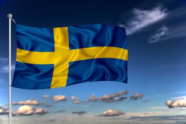 İsveç ulusal bayrağı derin mavi gökyüzüne karşı rüzgarda dalgalanıyor. Uluslararası ilişkiler kavramı.