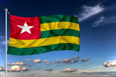 Mavi gökyüzüne karşı rüzgarda dalgalanan ulusal bayrak. Uluslararası ilişkiler kavramı.