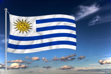 Uruguay ulusal bayrağı derin mavi gökyüzüne karşı rüzgarda dalgalanıyor. Uluslararası ilişkiler kavramı.