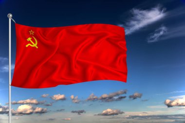 SSCB ulusal bayrağı derin mavi gökyüzüne karşı rüzgarda dalgalanıyor. Uluslararası ilişkiler kavramı.