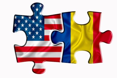 Çad bayrağı ve Amerika Birleşik Devletleri bayrağı beyaz izole arka planda iki yapboz parçasında. Politik ilişkiler kavramı. 3B görüntüleme