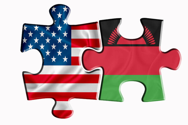 Malawi flag and United States of America flag on two puzzle pieces on white isolated background. The concept of political relations. 3D rendering