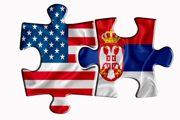 塞尔维亚国旗和美利坚合众国国旗在白色孤立背景上的两个拼图上 政治关系的概念 3D渲染 — 图库照片