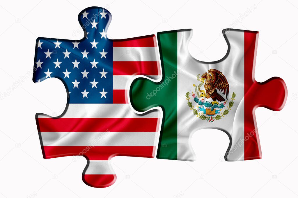 Mexico flag and United States of America flag on two puzzle pieces on white isolated background. The concept of political relations. 3D rendering