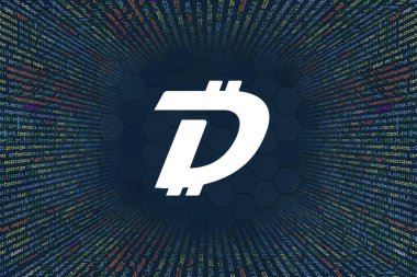 DigiByte, DGB kripto para birimi sembolü. Bilgisayar programı kodundan bir tünel. Kod Dizileri, Javascript, CSS ve PHP programcıları. Hackleme kodlama konsepti. Yazılım için kaynak kod.