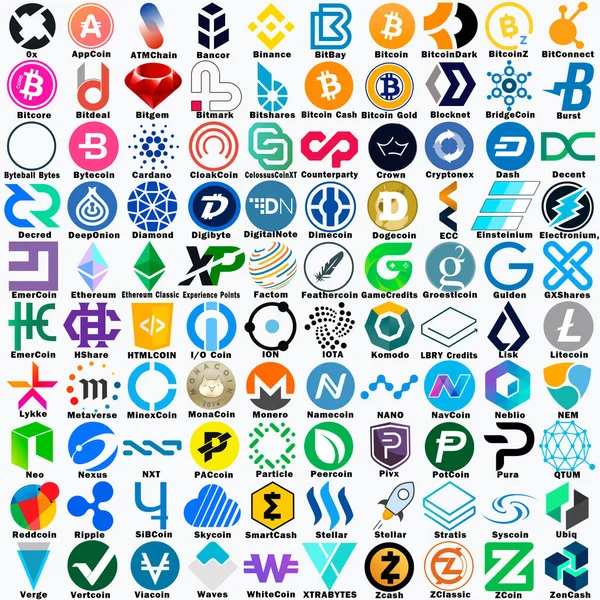 100个加密货币图标 锁链技术黑色图标设置与数字货币 电子钱包 Web设计的概念 — 图库照片