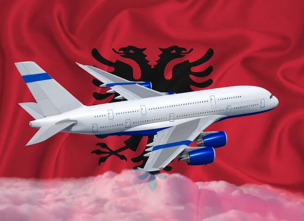 Bandeira Albânia Com Avião Branco Nuvens Conceito Transporte Internacional Passageiros — Fotografia de Stock