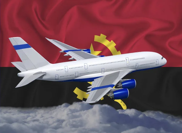 Angola Flag White Airplane Clouds Concept Tourist International Passenger Transportation — Stock Photo, Image