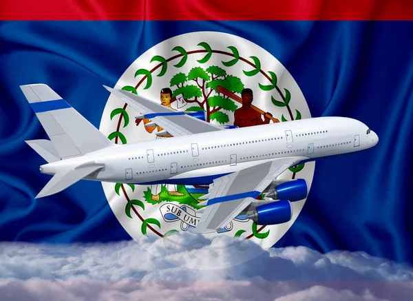 Bandeira Belize Com Avião Branco Nuvens Conceito Transporte Internacional Passageiros — Fotografia de Stock