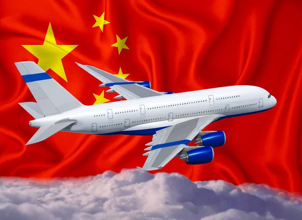 China Flagge Mit Weißem Flugzeug Und Wolken Das Konzept Des — Stockfoto