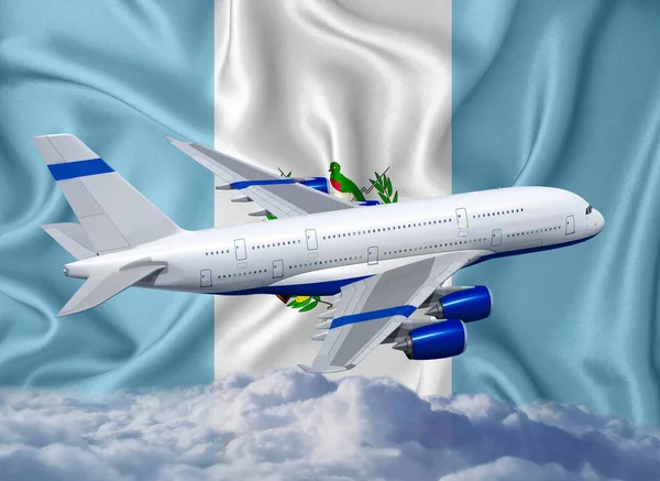 Guatemala Zászló Fehér Repülővel Felhőkkel Nemzetközi Idegenforgalmi Személyszállítás Fogalma — Stock Fotó