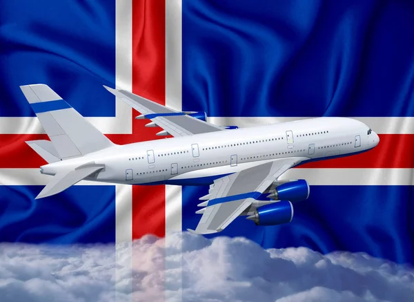 Iceland Flag White Airplane Clouds Concept Tourist International Passenger Transportation — Stock Photo, Image