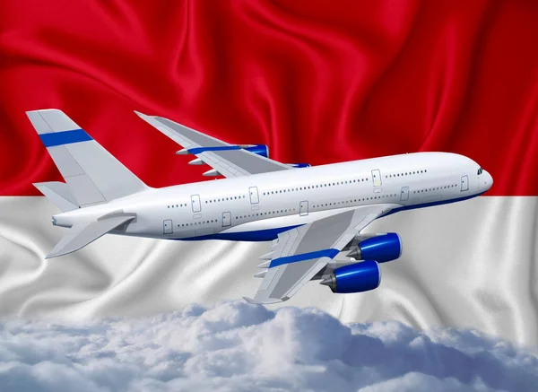 Bandeira Indonésia Com Avião Branco Nuvens Conceito Transporte Internacional Passageiros — Fotografia de Stock