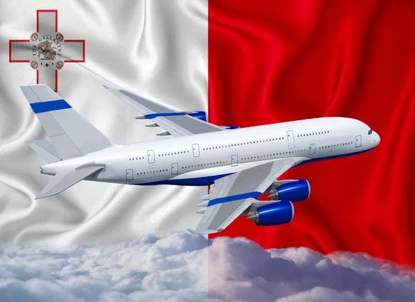 Bandeira Com Avião Branco Nuvens Conceito Transporte Internacional Passageiros Turístico — Fotografia de Stock