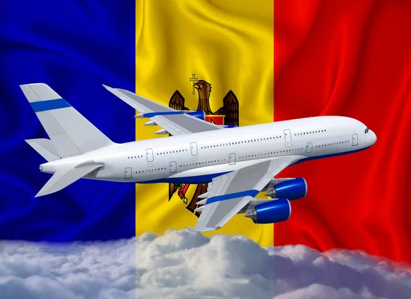 Flagga Med Vita Flygplan Och Moln Begreppet Internationell Turisttransport Passagerare — Stockfoto