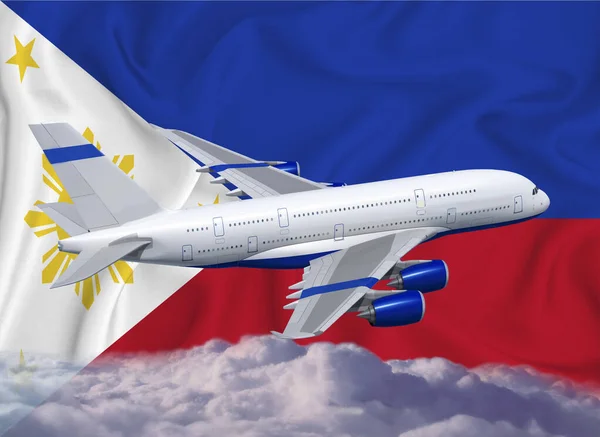 Σημαία Λευκό Αεροπλάνο Και Σύννεφα Έννοια Της Τουριστικής Διεθνούς Μεταφοράς — Φωτογραφία Αρχείου