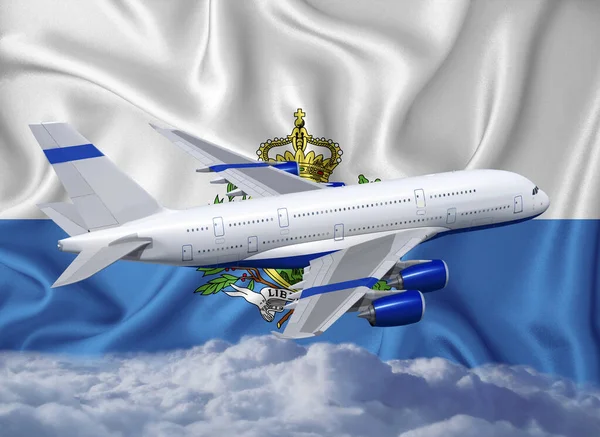 白色的旗帜 白色的飞机和云彩 旅游国际客运的概念 — 图库照片