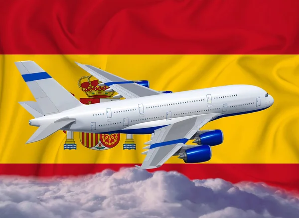 Espanha Bandeira Com Avião Branco Nuvens Conceito Transporte Internacional Passageiros — Fotografia de Stock