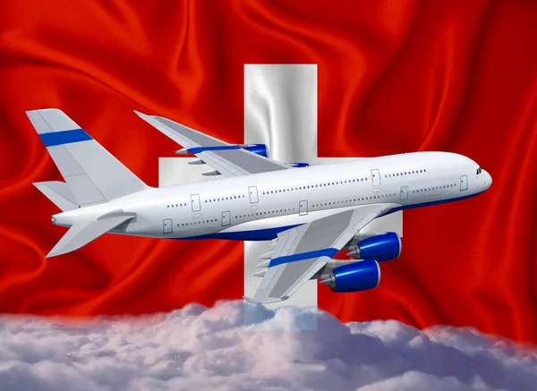 Svájc Zászló Fehér Repülőgép Felhők Nemzetközi Idegenforgalmi Személyszállítás Fogalma — Stock Fotó