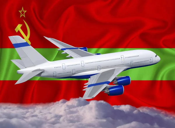 Transnistria Flag White Airplane Clouds Concept Tourist International Passenger Transportation — Stock Photo, Image