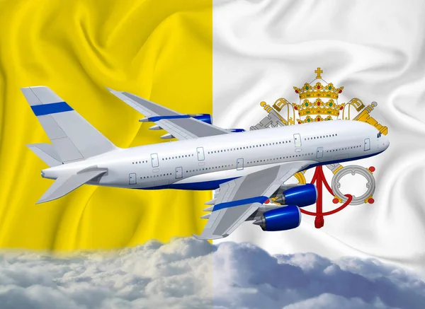 Bandeira Vaticano Com Avião Branco Nuvens Conceito Transporte Internacional Passageiros — Fotografia de Stock