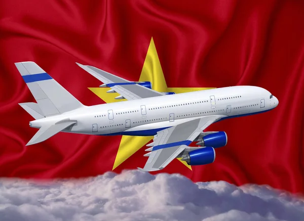 Vietnam Zászló Fehér Repülőgép Felhők Nemzetközi Idegenforgalmi Személyszállítás Fogalma — Stock Fotó