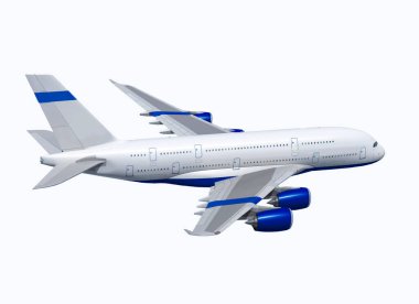 Mavi çizgili beyaz uçak ve ters itiş gücü, beyaz arka planda izole edilmiş..