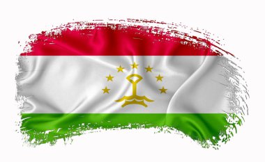 Tacikistan bayrağı, fırça darbesi, tipografi, harf, logo, etiket, beyaz arka planda pankart.