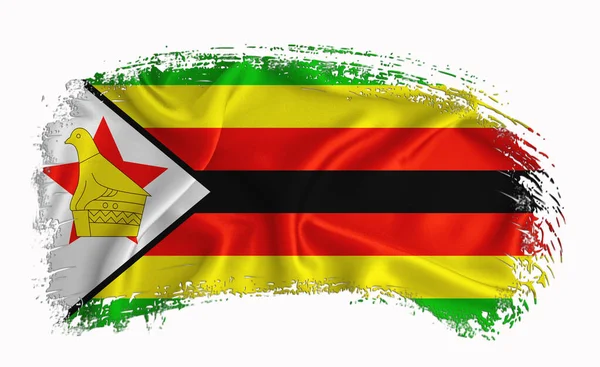 Flaga Zimbabwe Pociągnięcie Pędzla Typografia Liternictwo Logo Etykieta Baner Białym — Zdjęcie stockowe