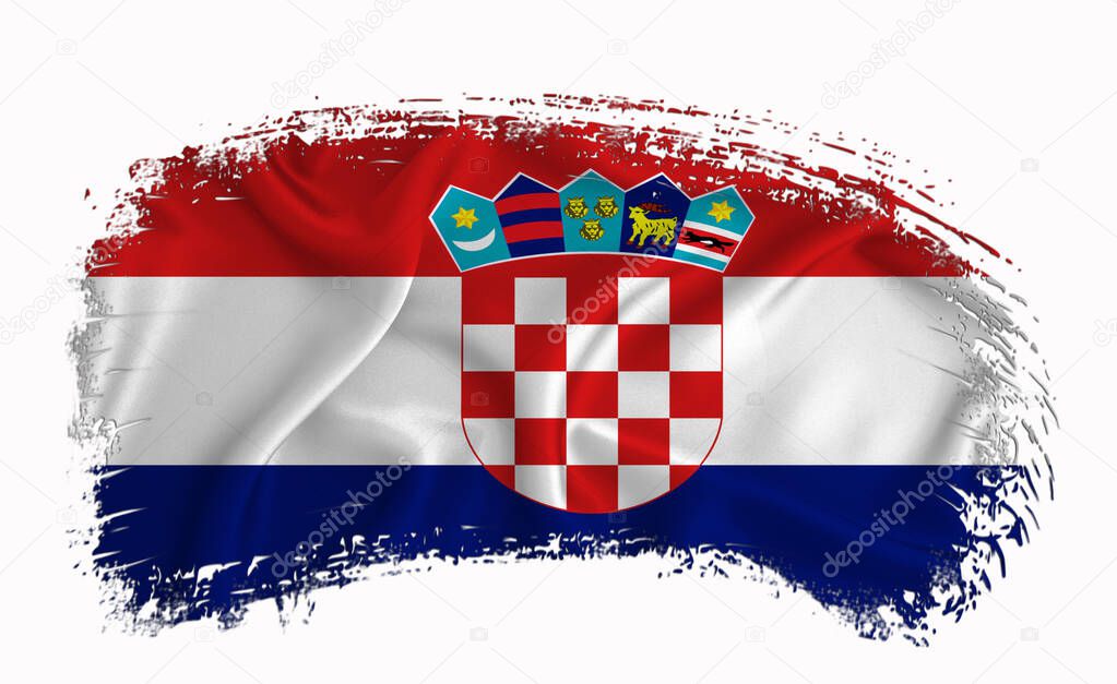 Croatia flag, brush stroke, typography, lettering, logo, label, banner on a white background.