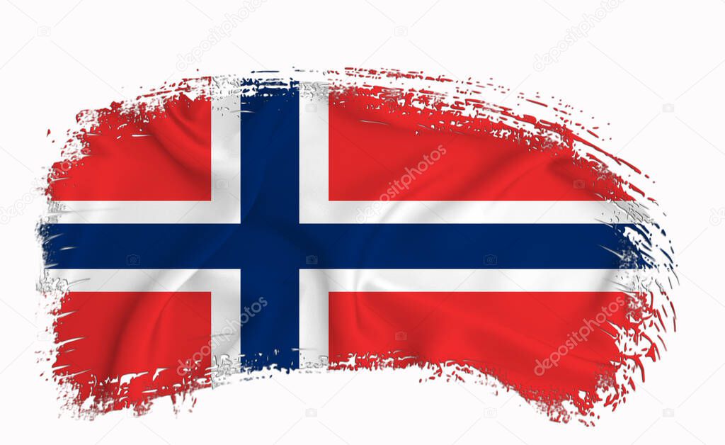Norway flag, brush stroke, typography, lettering, logo, label, banner on a white background.