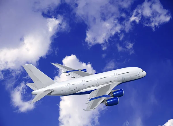 Kereskedelmi Fehér Repülőgép Repülőgép Repül Drámai Felhők Utazási Koncepció — Stock Fotó