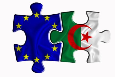 Cezayir bayrağı ve Avrupa Birliği bayrağı beyaz izole arkaplanda iki yapboz parçasında. Politik ilişkiler kavramı. 3B görüntüleme