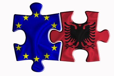 Arnavutluk bayrağı ve Avrupa Birliği bayrağı beyaz izole arka planda iki yapboz parçasında. Politik ilişkiler kavramı. 3B görüntüleme