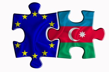Azerbaycan bayrağı ve Avrupa Birliği bayrağı beyaz izole arkaplanda iki yapboz parçasında. Politik ilişkiler kavramı. 3B görüntüleme