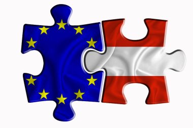 Avusturya bayrağı ve Avrupa Birliği bayrağı beyaz izole arkaplanda iki yapboz parçasında. Politik ilişkiler kavramı. 3B görüntüleme