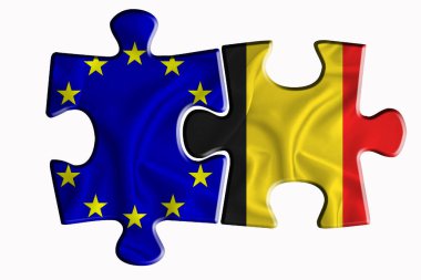 Belçika bayrağı ve Avrupa Birliği bayrağı beyaz izole arka planda iki yapboz parçasında. Politik ilişkiler kavramı. 3B görüntüleme